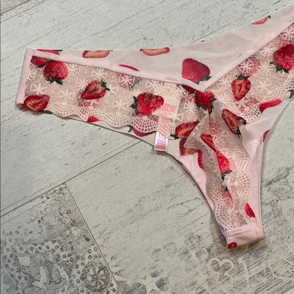 PINK Victoria's Secret Pink Strawberry Lace Thong Panties Large - Picture 7 of 8
